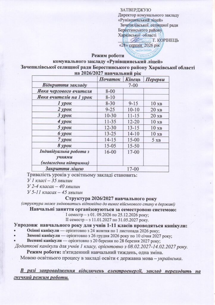 Режим роботи 2026 2027 н.р
